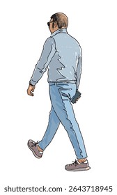 Hand drawing of one casual modern  man pedestrian in sunglasses with smartphone, walking outdoors, realistic sketch vector illustration isolated on white