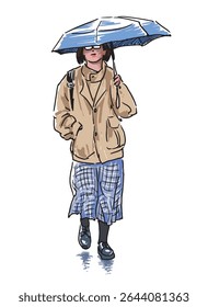 Desenho de mão de uma menina de cidades casuais sob guarda-chuva andando rua abaixo na chuva, ilustração vetor desenhada à mão realista isolada no branco
