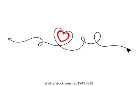 Hand drawing one continuous heart and color shaped heart sign. Romantic symbol and flourish.