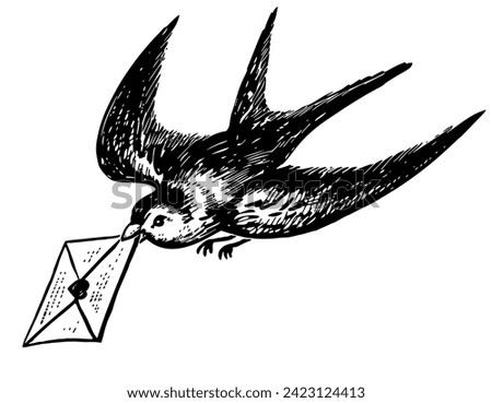 Hand drawing of one cute swallow bird flying and carrying  envelope with love letter in beak, black and white vector illustration