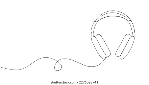 Hand drawing one line headphone speaker. Outline contour sketch of earphone gadget with space for text, continuous line headset drawing. Vector illustration