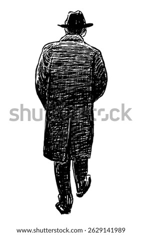 Hand drawing of one respectable man in coat and hat walking outdoors, silhouette, back view, realistic sketch, vector illustration isolated on white