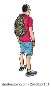Hand drawing of one tourist man with backpack standing outdoors on summer day, realistic sketch, vector illustration isolatrd on white