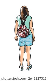 Hand drawing of one tourist woman with backpack standing outdoors on summer day, realistic sketch, vector illustration isolatrd on white