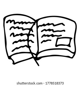 Dibujo manual de libro abierto. Logotipo simple, imagen mínima del libro de texto. Para tarjetas de felicitación, libro de colorear infantil y diseño estacional. Ilustración vectorial Doodle de material aislado en fondo blanco.