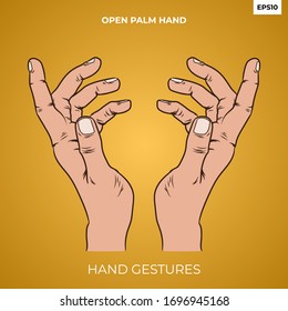 Hand drawing of open palm two hand gesture to showing an object illustration. Realistic of hand gesture. Vector graphic. 