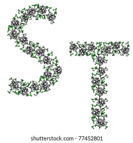 Hand drawing ornamental alphabet. Letter ST