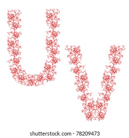 Hand drawing ornamental alphabet. Letter UV