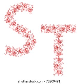 Hand drawing ornamental alphabet. Letter ST