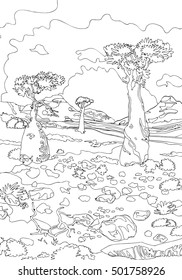 Hand drawing ornamental landscape trees and stones with decorative lines of grass.Vintage, engraving for color. Black and white coloring pages for adults. Vector illustration.