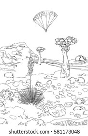 Hand drawing ornamental landscape trees and stones, travel paragliding dreams,vintage, engraving for color page .Coloring coloring book  for adults. Black and white vector illustration.