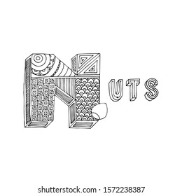 Hand drawing ornamented N letter and nuts. Simple black outline illustration for coloring pages, wallpapers, prints, cards, posters. Geometric pattern on white isolated background.