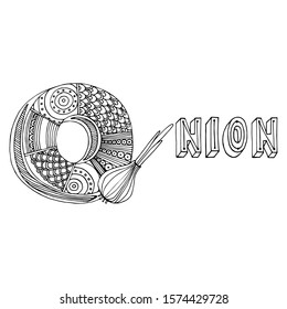 Hand drawing ornamented O letter and onion. Simple black outline illustration for coloring pages, wallpapers, prints, cards, posters. Geometric pattern on white isolated background.