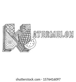 Hand drawing ornamented W letter and watermelon. Simple black outline illustration for coloring pages, wallpapers, prints, cards, posters. Geometric pattern on white isolated background.