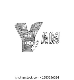 Hand drawing ornamented Y letter and yam. Simple black outline illustration for coloring pages, wallpapers, prints, cards, posters. Geometric pattern on white isolated background.