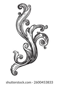 Hand drawing ornate baroque design element. Engraved damask pattern, vintage ornament. Isolated monochrome vector illustration on a white background. For design, print, fabric, invitation and wedding