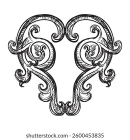 Hand drawing ornate baroque design element. Engraved damask pattern, vintage ornament. Isolated monochrome vector illustration on a white background. For design, print, fabric, invitation and wedding