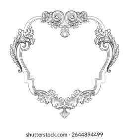Hand drawing ornate baroque design element. Engraved damask pattern, vintage ornament. Isolated monochrome vector illustration on a white background. For design, print, fabric, invitation and wedding