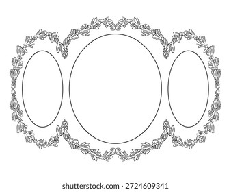 Dibujo a mano marco barroco adornado. Elemento de diseño de damasco ovalado Horizontal grabado, adorno vintage. Ilustración vectorial monocromática aislada. Para el diseño, impresión, tela, invitación y boda