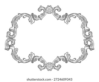Dibujo a mano marco barroco adornado. Elemento de diseño de damasco Horizontal grabado, adorno vintage. Ilustración vectorial monocromática aislada. Para el diseño, impresión, tela, invitación y boda