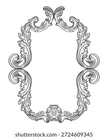 Dibujo a mano marco barroco adornado. Elemento de diseño de damasco de Vertical grabado, adorno vintage. Ilustración vectorial monocromática aislada. Para el diseño, impresión, tela, invitación y boda