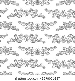 Hand drawing ornate baroque seamless pattern. Engraved damask texture, vintage background. Vector illustration. Wallpaper repetitive design elements monochrome color. For fabric, packaging, invitation