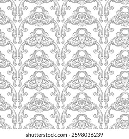 Hand drawing ornate baroque seamless pattern. Engraved damask texture, vintage background. Vector illustration. Wallpaper repetitive design elements monochrome color. For fabric, packaging, invitation