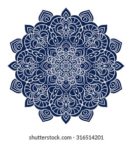 Hand drawing ornate blue element in eastern style. Black and white. Flower mandala. Vector illustration. The best for your design, textiles, posters, tattoos, corporate identity