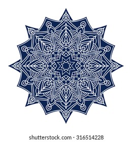 Hand drawing ornate blue element in eastern style. Black and white. Flower mandala. Vector illustration. The best for your design, textiles, posters, tattoos, corporate identity