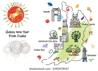 hand drawing OSAKA JAPAN tourist spot map new year card 2026 hand drawing vector illustration