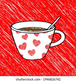 Hand drawing outline vector illustration of a cup of hot tea or coffee with a teaspoon and a red scribble heart pattern isolated on a red background