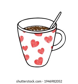 Hand drawing outline vector illustration of a cup of hot tea or coffee with a teaspoon and a red scribble heart pattern isolated on a white background