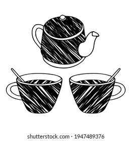 Handzeichnung, Vektorgrafik einer Tasse heißen Tees oder Kaffee mit Teelöffeln und einem abstrakten, kreidigen Muster und einem Kessel einzeln auf weißem Hintergrund