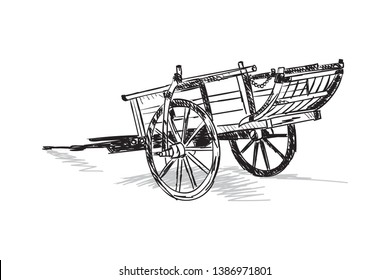 hand drawing oxcart. illustration horse carriage. vector tumbrel