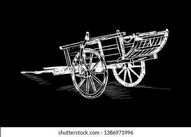 hand drawing oxcart. illustration horse carriage. tumbrel sketch