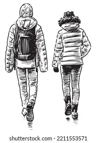 Hand Drawing Of Pair Teens Friends Walking Outdoors