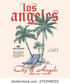 Hand drawing Palm tree. Los Angeles typography slogan. tropical summer print design. graphic tee for girl's and women's with men's. retro color with botanical artwork