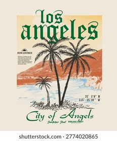 Hand Drawing Palm Tree And Sea Waves. Sunrise With Mountain Illustration. Los Angeles City Typography. City of Angels. Tropical Summer T-shirt Design. Retro Graphic Design