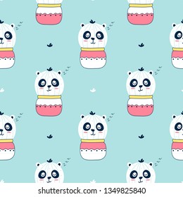 Hand drawing panda and cactus illustration vector.