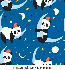 Hand drawing panda and night icons vector illustration seamless pattern. Vector illustration design for fashion fabrics, textile graphics, prints.	