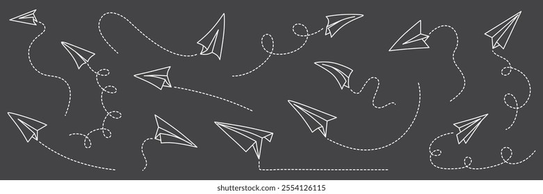 Hand drawing paper airplanes set. Vector stock illustration isolated on black chalkboard background for design template business or education presentation, information banner. Editable stroke line.EPS