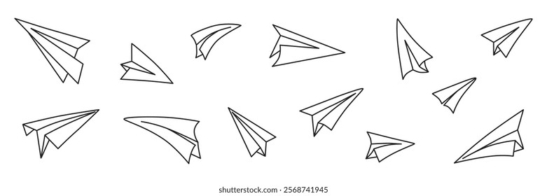 Hand drawing paper airplanes set. Vector stock illustration isolated on white chalkboard background for design template business or education presentation, information banner. Editable stroke line.EPS