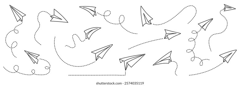 Hand drawing paper airplanes set. Vector stock illustration isolated on whhite background for design template business or education presentation, information banner. Editable stroke dash line. EPS10