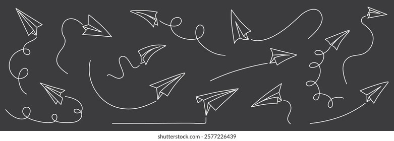 Hand drawing paper airplanes set. Vector stock illustration isolated on black chalkboard background for design template business or education presentation, information banner. Editable stroke line.EPS