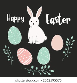 Hand Drawing Pastel color Happy Easter Holiday set. Watercolor spring art. Design elements. Easter Bunny, Eggs. Easter rabbits with eggs an calligraphy cartoon set. Easter decoration rabbit, lettering