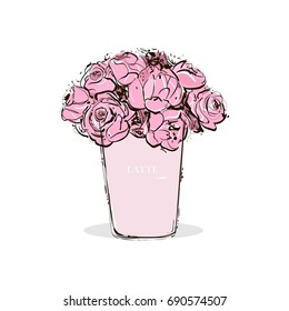 Hand drawing a pastel pink cup of coffee with latte and beautiful pink flowers inside. Fashion vector illustration. Design of fashionable illustration. Trend Stylish Card