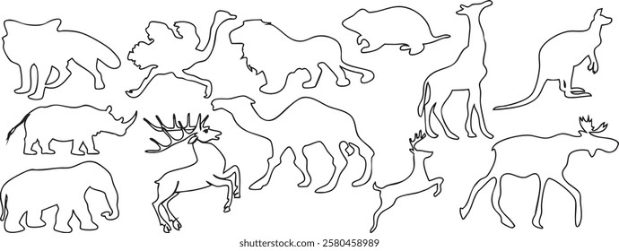  hand drawing pattern with animals Fox, ostrich, lion, mouse, giraffe, kangaroo, rhinoceros, elephant, deer, camel, gazelle.