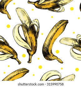 Hand drawing pattern with bananas on a white background.  Vector illustration