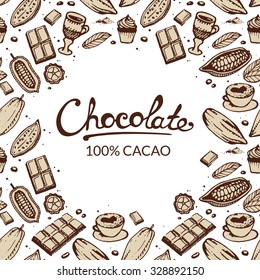 Hand drawing pattern of cacao beans, chocolate, cake, cup of hot chocolate, mug, latte. For menu and box design: horeca, cafe, bar, restaurant, cooking, bakery.
