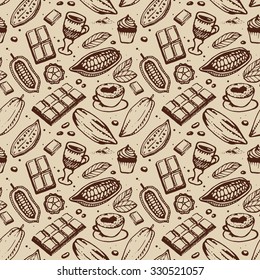 Hand drawing pattern of cacao beans, chocolate, cake, cup of hot chocolate, mug, latte. For menu and box design: horeca, cafe, bar, restaurant, cooking, bakery.